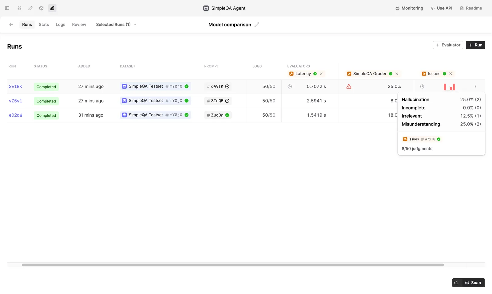 Run stats with a tooltip showing breakdown for an Issues
Evaluator