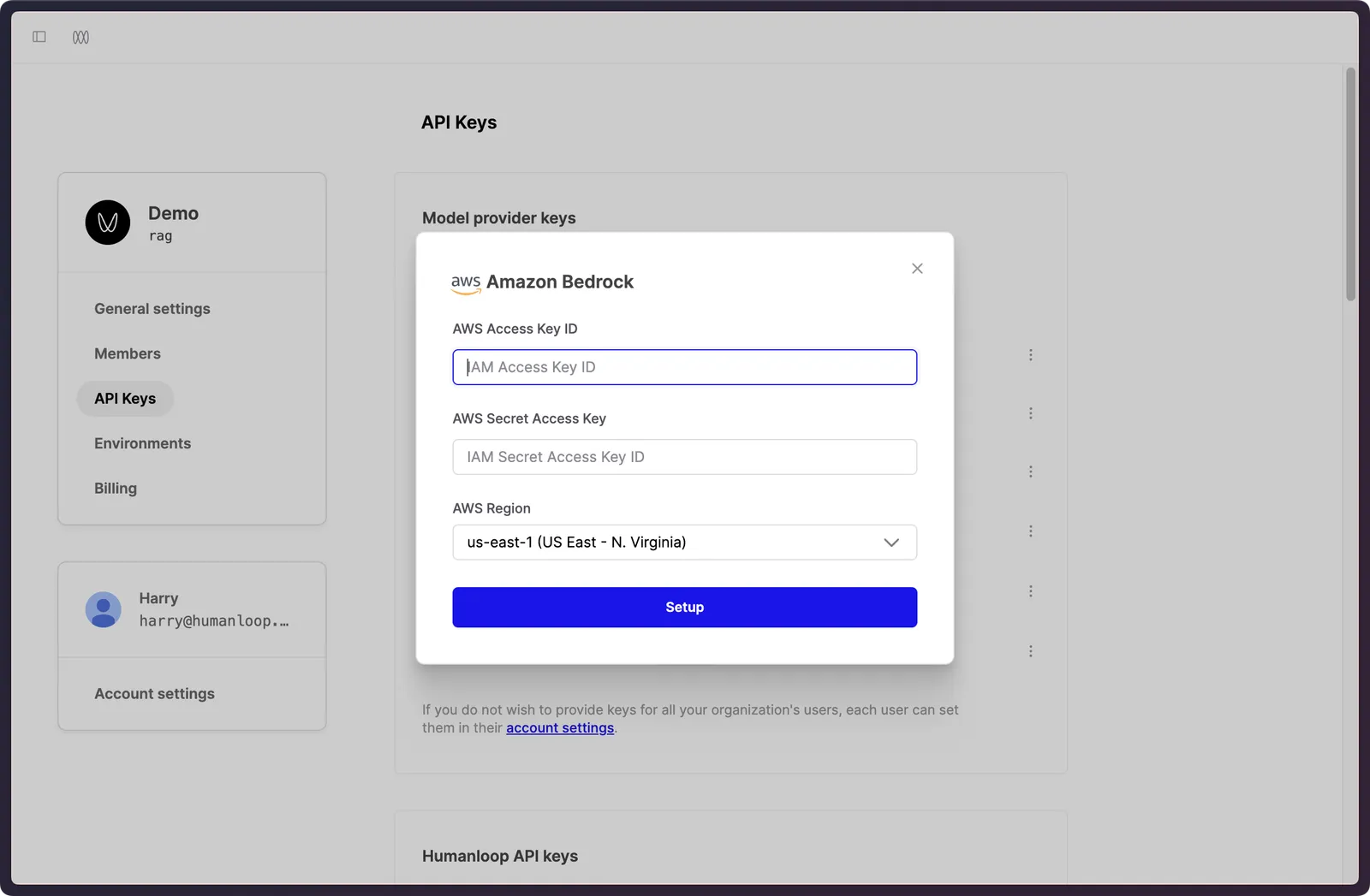 Bedrock keys dialog in Humanloop app