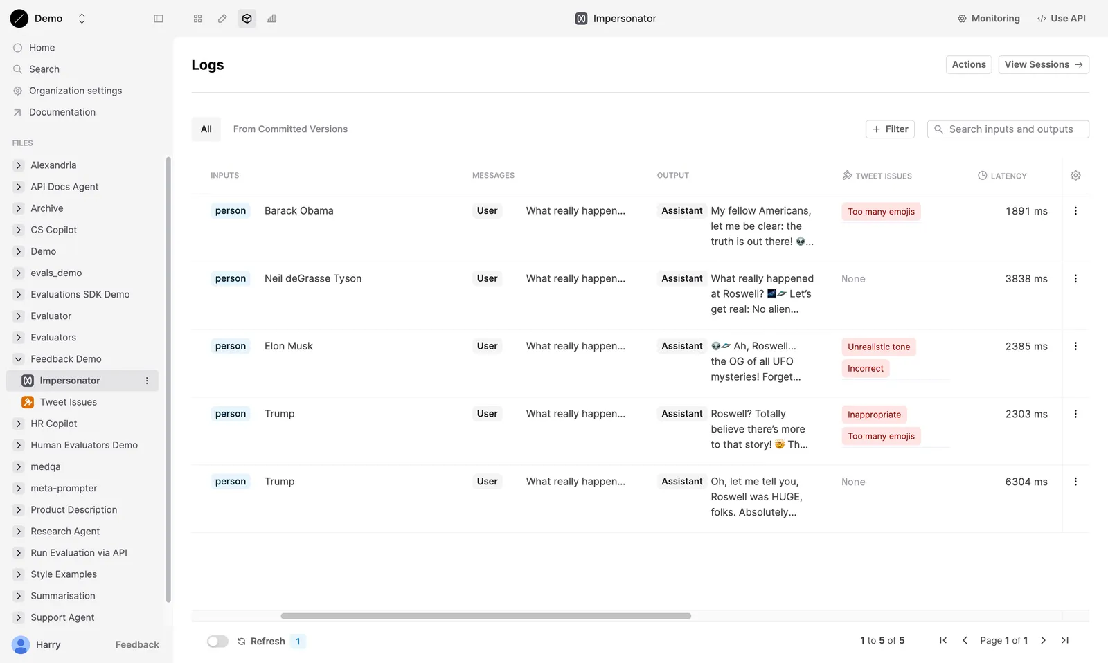 Logs table showing feedback applied to Logs